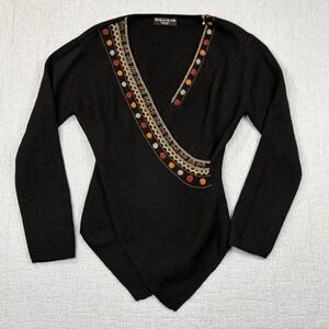 100% Baby ALPACA Wool Women Wrap Top Sz L Black Factoria Paty Aztec Art To Wear